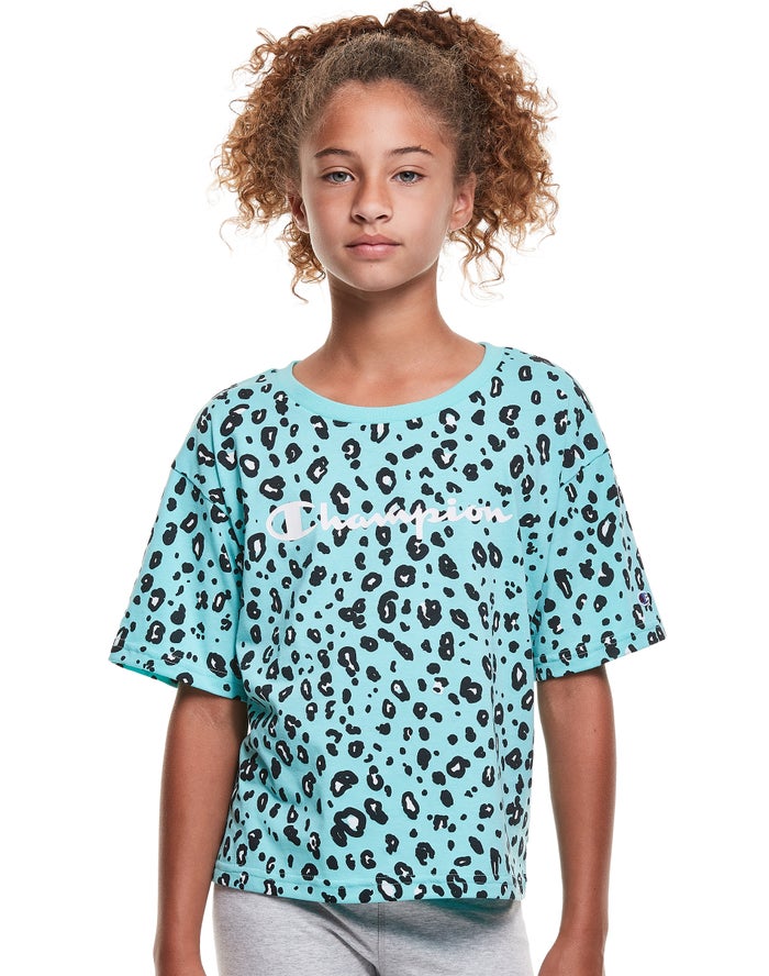 Champion Girls T-Shirt NZ - Boxy Leopard Print Turquoise/Black ( 6124-VGRHE )